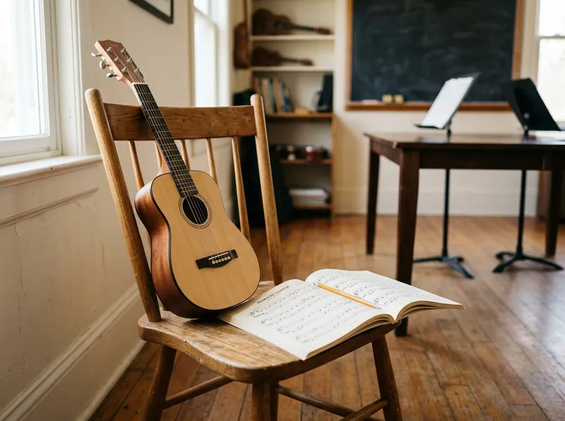 Uma guitarra acústica de iniciação pousada numa cadeira ao lado de um método aberto