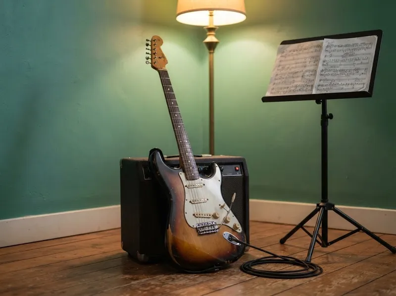 Uma guitarra elétrica encostada a um pequeno amplificador, ao lado de uma estante com partituras anotadas a lápis