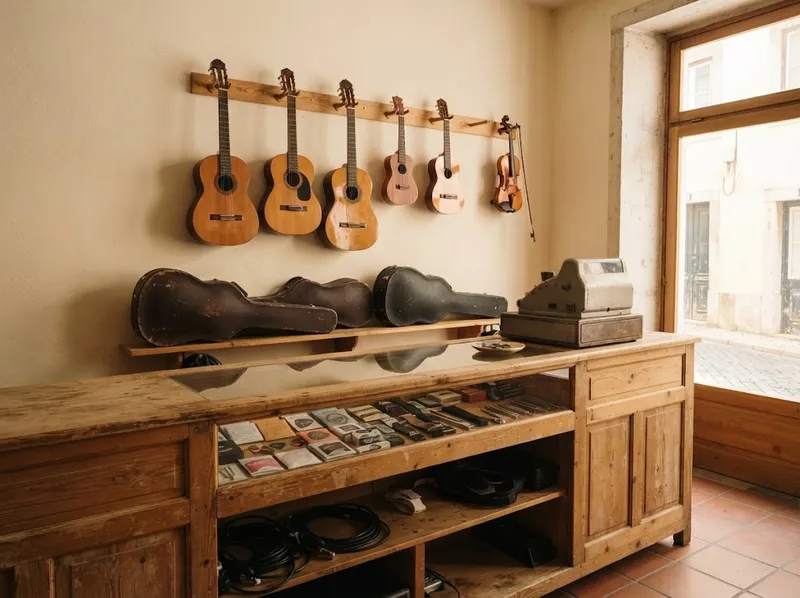 O balcão de uma pequena loja de música com instrumentos pendurados na parede atrás